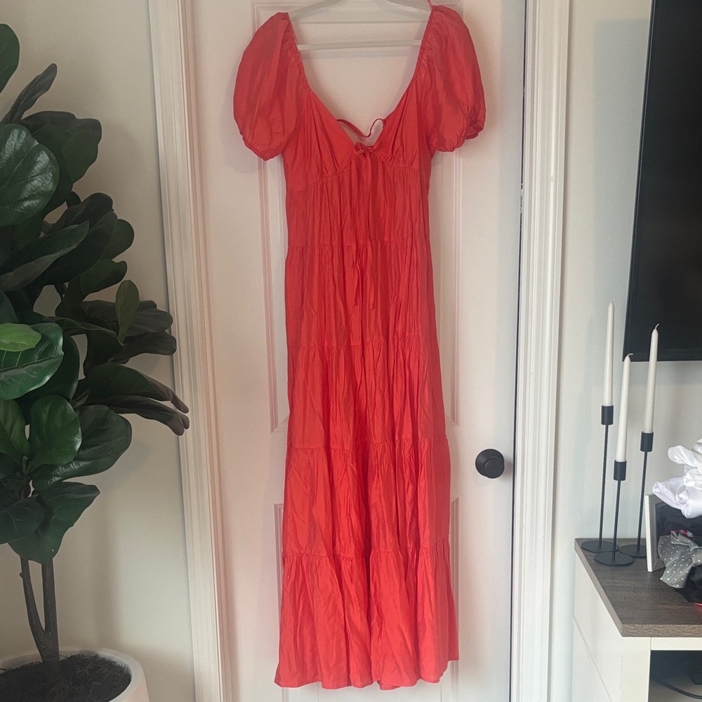 Coral Puff-Sleeve tiered Maxi Dress with tie bust and back
